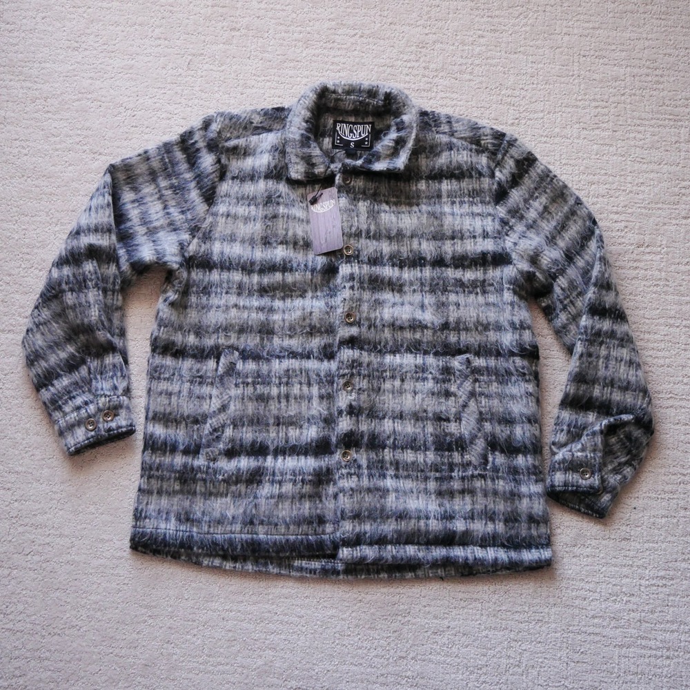 Ringspun Mens Fuzzy Mohair Style Plaid Flannel Jacket Blue Grey Size S NWT